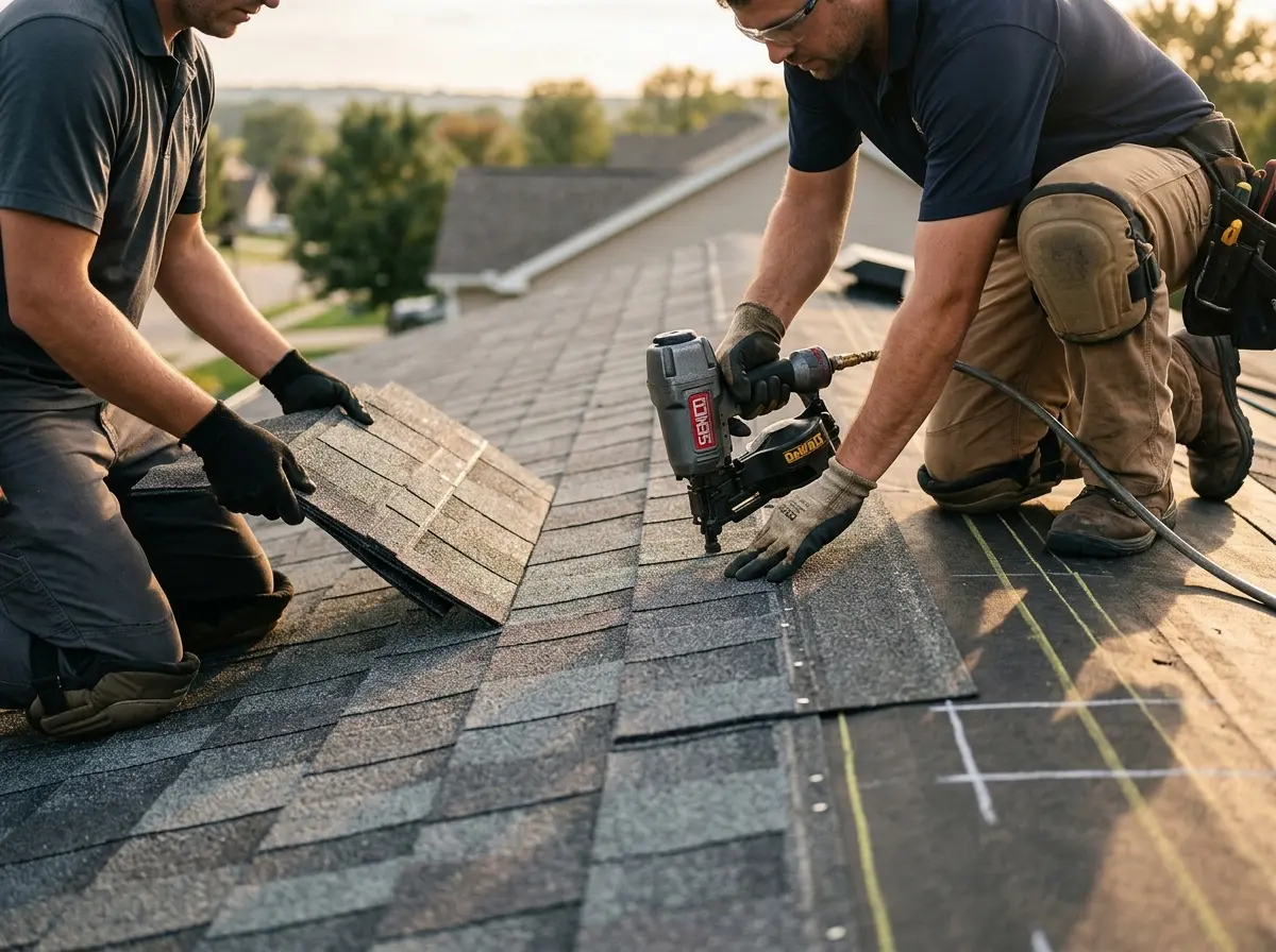 Professional roofer working on a residential roof in Orion
